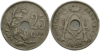Бельгия 25 сантимов 1922 Belgie KM 69 медно-никель 4165-832