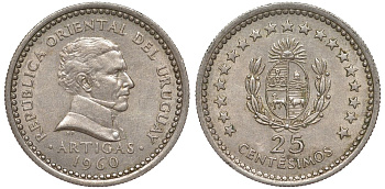 Уругвай 25 сентесимо 1960 KM 40 медно-никель 4580-1161