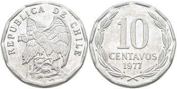 Чили 10 сентаво 1977 KM 205a алюминий 4402-347
