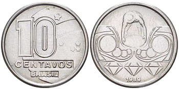 Бразилия 10 сентаво 1989 золотодобыча KM 613 нержавеющая сталь 4516-515