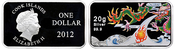 Острова Кука 1 доллар 2012 год дракона, дракон изрыгающий пламя, цветная эмаль KM NEW серебро PROOF 11-077-23