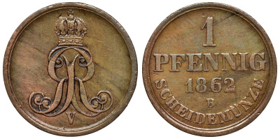Ганновер 1 пфенниг 1862 B, Георг V KM 233, AKS 156, J. 90 медь 4594-459