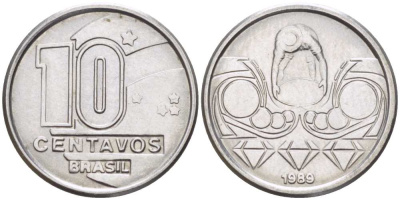 Бразилия 10 сентаво 1989 золотодобыча KM 613 нержавеющая сталь 4516-515