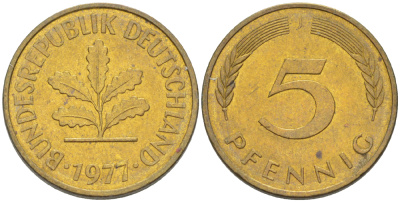 ФРГ 5 ПФЕННИГОВ 1977 J KM 107, J. 382 сталь плакированная латунью 4181-955
