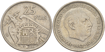 ИСПАНИЯ 25 ПЕСЕТ 1957 (59) ФРАНСИСКО ФРАНКО ДИКТАТОР ИСПАНИИ ( 1939- 1975) KM 787 медно-никель 216-717
