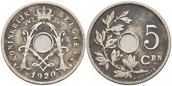 БЕЛЬГИЯ 5 САНТИМОВ 1920 BELGIE KM 67 медно-никель 4549-1137