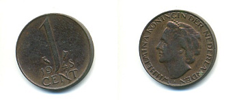 Нидерланды 1 цент 1948 Вильгельмина (1890-1948), год тип KM 175 бронза UNC 80-937