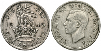 Великобритания 1 шиллинг 1949 Георг VI (1936-1952), Английский герб KM 876, Spink 4108 медно-никель 51-2636