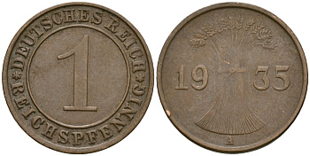 Германия 1 рейхспфенниг 1935 A KM 37, J. 313 бронза 4189-1266