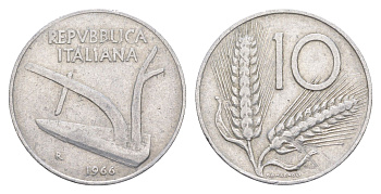 Италия 10 лир 1966 R, плуг, колосья KM 93 алюминий 4551-757