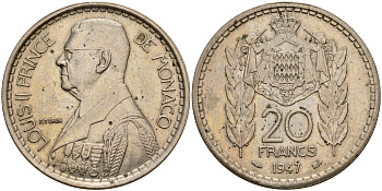 Монако 20 франков 1947 Луи II (1922-1949) KM 124 медно-никель    4599-424