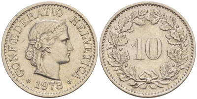 Швейцария 10 раппенов 1973 KM 27 медно-никель 4528-631