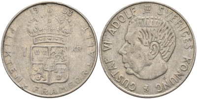 Швеция 1 крона 1953 TS, Густав VI Адольф (1950-1973) KM 826 серебро 4148-1135