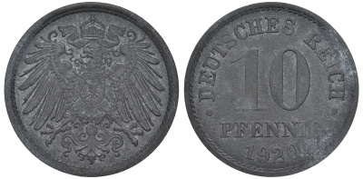 ГЕРМАНИЯ 10 ПФЕННИГОВ 1920 KM 26, J. 299 цинк 45-1258