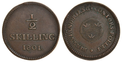 Швеция 1/2 скиллинга 1801 Густав IV Адольф (1792-1809) KM 549 медь 60-356