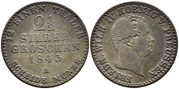 ПРУССИЯ 2 1/2 ГРОША 1843 А KM 444 серебро 177-1254