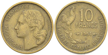 Франция 10 франков 1951 B, петух, 4 пера KM 915.2, LE FRANC 363.5 алюминиевая бронза 202-1144