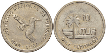 Куба 10 сентаво 1989 туристические деньги, INTUR, цифры номинала маленькие KM 415.2а медно-никель 67-1113