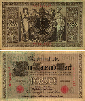 ГЕРМАНИЯ 1000 МАРОК 1910 21 АПРЕЛЯ 1910, СЕМИЗНАЧНЫЙ НОМЕР, СЕРИЯ J Pick 44b бумага 8610-13-1