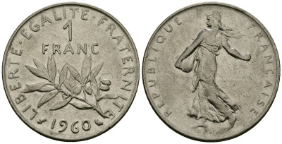 Франция 1 франк 1960 сеятель KM 925.1, Le Franc 226.4 никель 4138-247