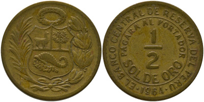 Перу 1/2 соль 1964 KM 220.5, Schon 23 латунь 4539-454