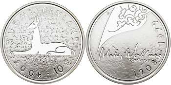 Финляндия 10 евро 2008 Мика Валтари, писатель KM 142 серебро  PROOF 11-114-31