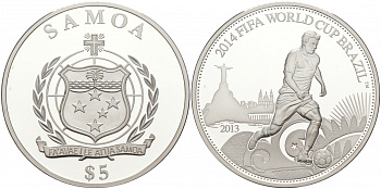 Самоа 5 долларов 2013 FIFA, Чемпионат мира по футболу в Бразилии 2014 KM NEW серебро PROOF 02-056-44