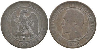 ФРАНЦИЯ 10 САНТИМОВ 1856 В, НАПОЛЕОН III (1852-1870) KM 771.2, LA FRANC 133.33 бронза 54-1433