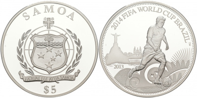 Самоа 5 тала 2013 FIFA, Чемпионат мира по футболу в Бразилии 2014 KM NEW серебро PROOF 11-056-44