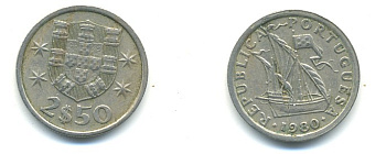 Португалия 2,5 эскудо 1980 парусник KM 590 медно-никель 176-154
