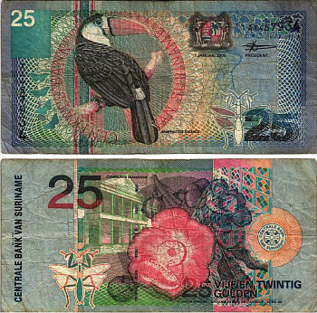 Суринам 25 гульденов 2000 белогрудый тукан, курупита гвианская Pick 148 бумага 7548-115-2-2