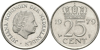 Нидерланды 25 центов 1979 Юлиана (1949-1980) KM 183 никель 96-254