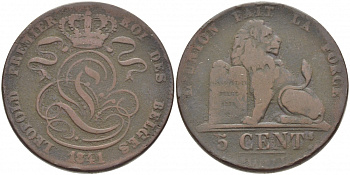 БЕЛЬГИЯ 5 САНТИМОВ 1841 BELGES KM 5.1 медь 114-815