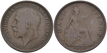 Великобритания 1/2 пенни 1925 Георг V (1910-1936), штрих на A - прямой KM 824, Spink 4057 бронза 4146-146