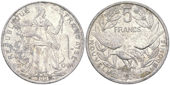 Французская Новая Каледония 5 франков 2009 птица кагу, (IEOM) KM 16, Schoen 12, Lec 81k алюминий 221-844