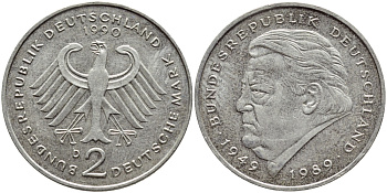 ФРГ 2 марки 1990 D, Франц Йозеф Штраус КМ 175 J.450 медно-никель плакированный никелем 4606-1032