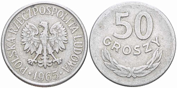 Польша 50 грошей 1965 MW KM 48.1, Parchimowicz 210b алюминий 60-822