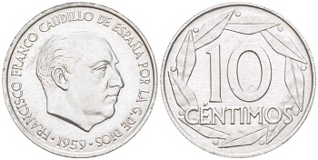 Испания 10 сентимо 1959 Франсиско Франко (1939-1975) KM 790 алюминий 4519-854
