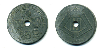 БЕЛЬГИЯ 25 САНТИМОВ 1942 BELGIE-BELGIQUE, ГЕРМАНСКАЯ ОККУПАЦИЯ, ВТОРАЯ МИРОВАЯ ВОЙНА KM 132 цинк 86-1023