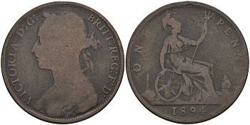 Великобритания 1 пенни 1894 Виктория (1837-1901) KM 755, Spink 3954 бронза 4144-716
