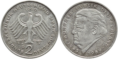 ФРГ 2 марки 1990 D, Франц Йозеф Штраус КМ 175 J.450 медно-никель плакированный никелем 4606-1032