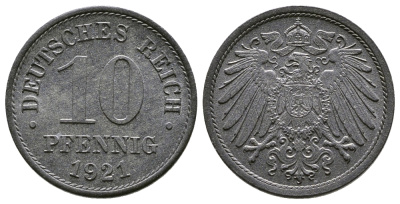 ГЕРМАНИЯ 10 ПФЕННИГОВ 1921 KM 26, J. 299 цинк 4380-241