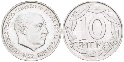 Испания 10 сентимо 1959 Франсиско Франко (1939-1975) KM 790 алюминий 4519-854