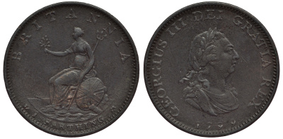 Великобритания 1 фартинг 1799 Георг III (1760-1820) KM 646, Spink 3779 медь 1523-844