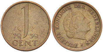 НИДЕРЛАНДЫ 1 ЦЕНТ 1959 КОРОЛЕВА ЮЛИАНА KM 180 бронза 3955-121