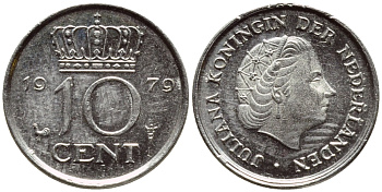 НИДЕРЛАНДЫ 10 ЦЕНТОВ 1979 ЮЛИАНА KM 182 никель 4392-1351