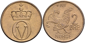 Норвегия 2 эре 1971 Улаф V (1958-1991), курица KM 410 бронза 4586-547
