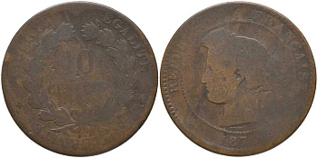 ФРАНЦИЯ 10 САНТИМОВ 1876 A, ТРЕТЬЯ РЕСПУБЛИКА (1871-1940) KM 815.1, LA FRANC 135.15 бронза 115-612