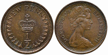 Великобритания 1/2 пенни 1975 Елизавета II (1952-2022) KM 914, Spink 4239 бронза 112-119