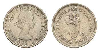 Родезия и Ньясаленд 3 пенса 1962 Елизавета II (1952-2022), цветок глориоза KM 3 медно-никель UNC 4596-941